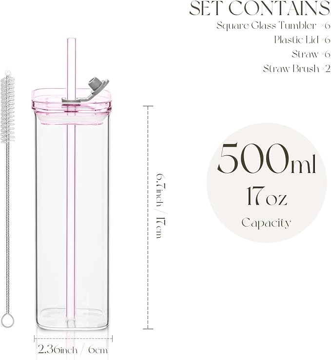 6PCS Pink Square Drinking Glass Cups, 17 Oz Modern Glassware with Lids & Straws - Old Fashioned Cocktail Glasses for Juice, Iced Coffee, Bubble Tea, Party Drinkware
