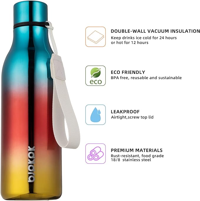 BJPKPK Insulated Water Bottles, 18 oz Stainless Steel Metal Water Bottle with Strap, BPA Free Leak Proof Thermos,Mugs,Flasks, Reusable Water Bottle for Sports & Travel, Caribbean Sunrise