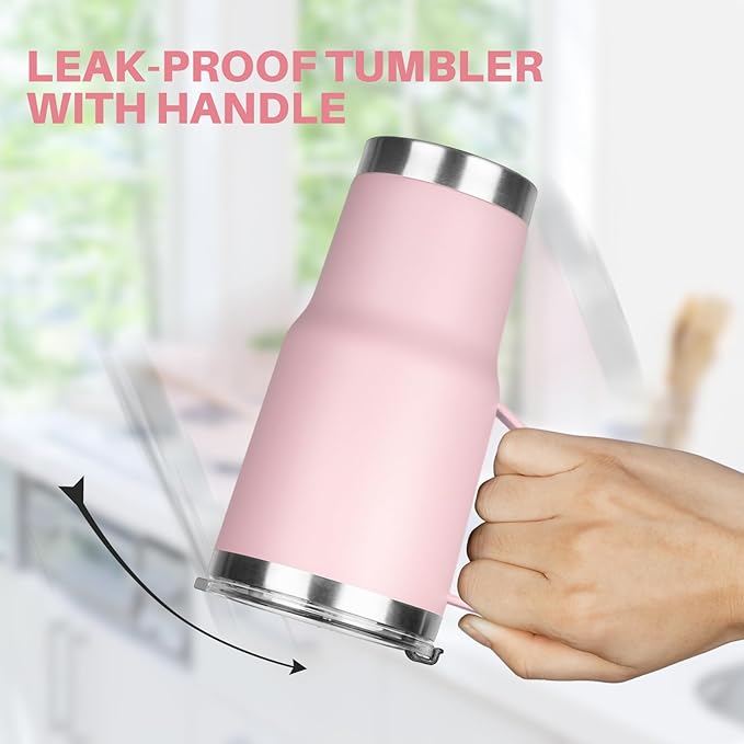 20 oz Tumbler with Handle, Stainless Steel Insulated Tumbler with Lid and Straw, Double Wall Vacuum Coffee Mug Tumbler, Insulated Coffee Thermal Cup for Cold and Hot (Pink)