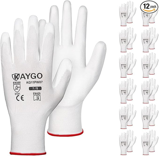 KAYGO Safety Work Gloves PU Coated-12 Pairs, KG11PB, Seamless Knit Glove with Polyurethane Coated Smooth Grip on Palm & Fingers, for Men and Women, Ideal for General Duty Work (Small, White)