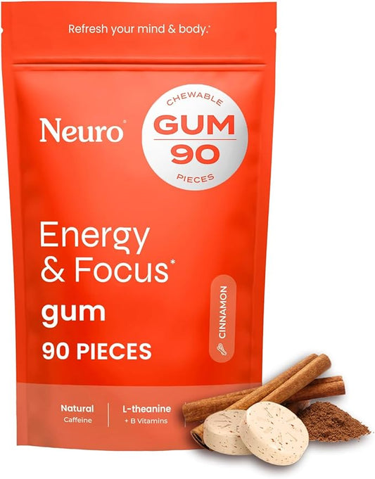 Neuro Energy & Focus Gum - 40mg Natural Caffeine Gum & Nootropic Energy Supplement with L-Theanine & B Vitamins - Sugar Free, Vegan - Cinnamon, 90ct