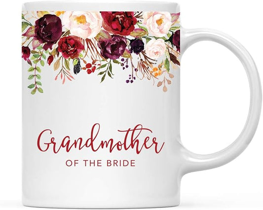 Andaz Press 11oz. Wedding Ceramic Coffee Tea Mug Gift, Fall Autumn Marsala Burgundy Flowers Roses Florals, Grandmother of the Bride, 1-Pack, Includes Gift Box