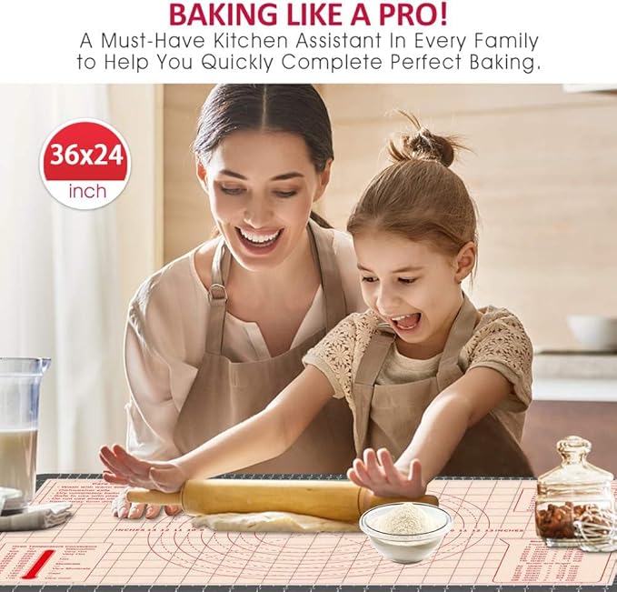 Silicone Pastry Mat 36 x 24 Inch - Larger Silicone Baking Pastry Mat for Rolling Dough,Non Slip Silicon Dough Sheet with Measurement,Perfect for Making Pie,Pizza(Gray)