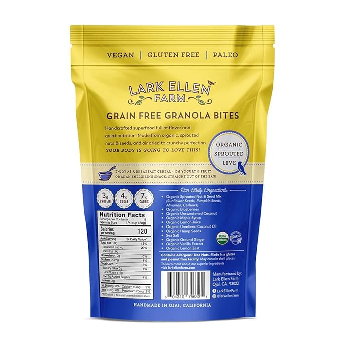 Lark Ellen Farm Grain-Free Granola, Certified Organic Raw Sprouted Vegan Clusters, Paleo & Crunchy Gluten-Free Bites for Cereal or Yogurt, Lemon Blueberry, 8 oz (2-Pack)