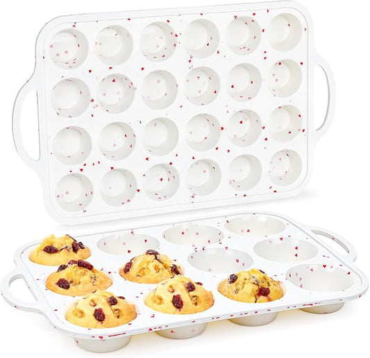 CAKETIME Silicone Muffin Pans for Baking, Metal Reinforced Frame Regular 24 Cups & Mini 12 Cups Cupcake Pan Nonstick Muffin Pan for Homemade Baking Easy to Handle