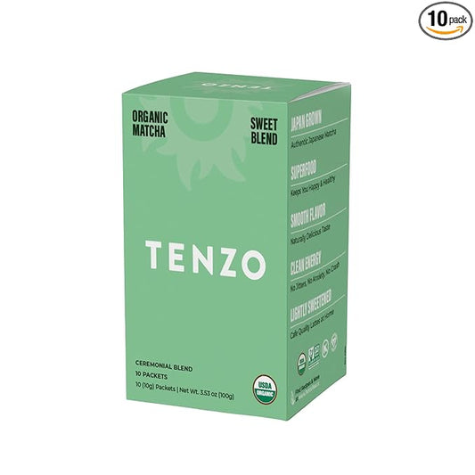 Tenzo Single Serve Matcha Green Tea Powder - Matcha Powder Single Serve Sticks - Organic Matcha Green - Ceremonial Grade Sweet Blend Matcha (10 Count)