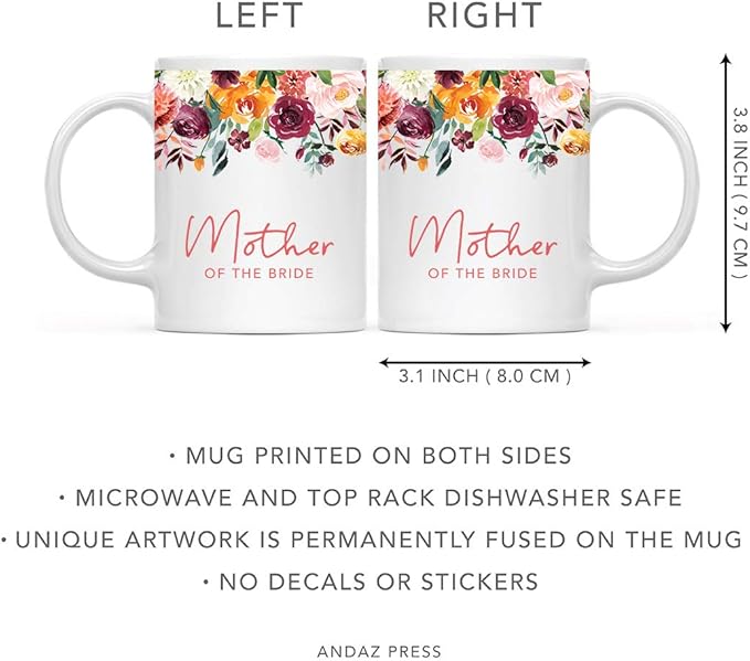 Andaz Press 11oz. Wedding Ceramic Coffee Tea Mug Gift, Fall Autumn Burgundy Orange Peach Flowers Roses Florals, Mother of the Bride, 1-Pack, Includes Gift Box