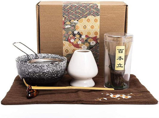 Bamboo Matcha Tea Whisk Set (Chasen) Matcha Bowl (Chawan) Bamboo Scoop (Chashaku) Ceramic Whisk Holder Handmade Matcha Ceremony Starter Kit For Traditional Japanese Tea Ceremony (7 Pcs).