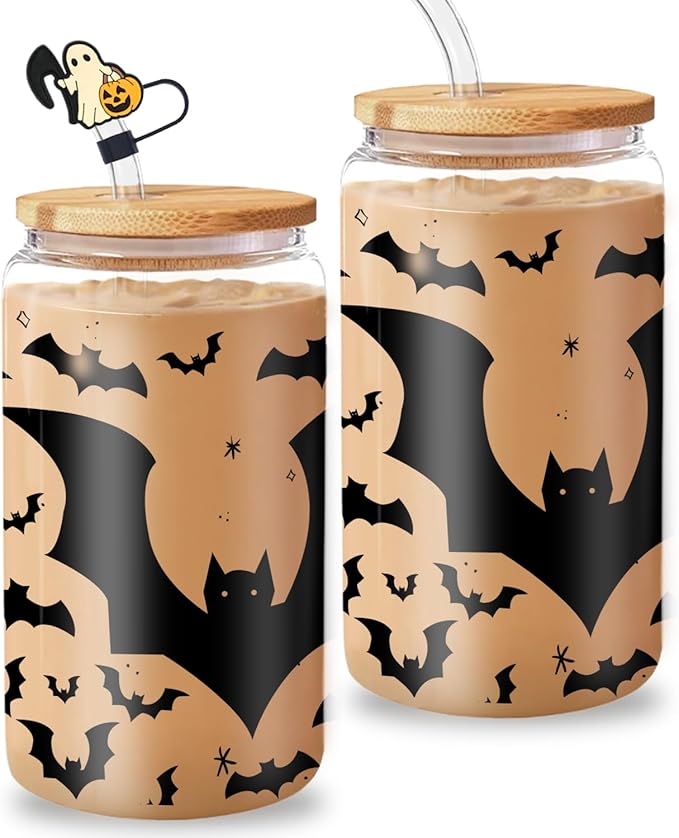 Black Bat Tumbler - 16oz Black Glass Mug with Lid and Straw, Gothic Themed Iced Coffee Cup, Birthday and Spooky Gothic Horror Theme Gift