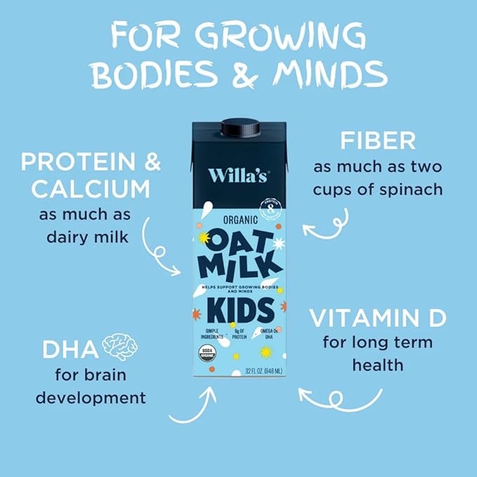 Willa's Organic Kid's Oat Milk Unsweetened with 8g Protein & 240g Calcium, Plant-Based Milk for Kids, Dairy-Free, Low Sugar, 2g Fiber – 32 oz, 6 Pack
