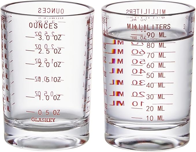 2 Pack Shot Glass Measuring Cup Set,3 oz/90 ML Liquid Heavy High Espresso Glass Cup,Dishwasher Safe,Measurement of Dry and Liquid Ingredients(Red Line)