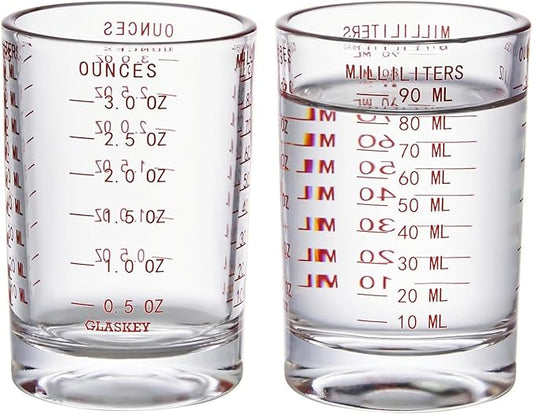 2 Pack Shot Glass Measuring Cup Set,3 oz/90 ML Liquid Heavy High Espresso Glass Cup,Dishwasher Safe,Measurement of Dry and Liquid Ingredients(Red Line)