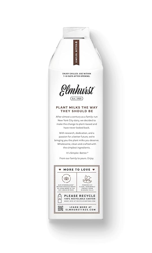 Elmhurst 1925 Chocolate Oat Milk - 32 Ounce (Pack of 6) Dairy-Free, Vegan, Kosher, Gluten-Free, Less Sugar, Shelf Stable Plant Based Milk Made with Whole Grain Oats & Cocoa for Smoothies & Baking