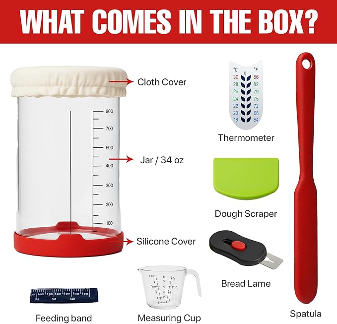 Sourdough Starter Kit, 34 Oz Sourdough Jar with Measuring Cup, Thermometer, Spatula, Dough Scraper, Bread Lame, Silicone Base & Cloth Cover, Feeding Band, Bread Baking Supplies for Bakers (34 Oz)