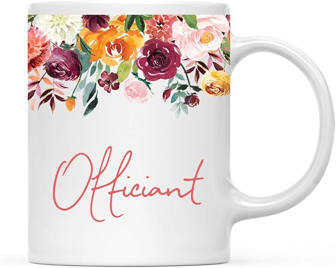 Andaz Press 11oz. Wedding Ceramic Coffee Tea Mug Gift, Fall Autumn Burgundy Orange Peach Flowers Roses Florals, Officiant, 1-Pack, Includes Gift Box