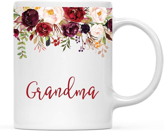 Andaz Press 11oz. Mother's Day Ceramic Coffee Tea Mug Gift, Fall Autumn Marsala Burgundy Flowers Roses Florals, Grandma, 1-Pack, Includes Gift Box, Birthday Christmas Gift Ideas