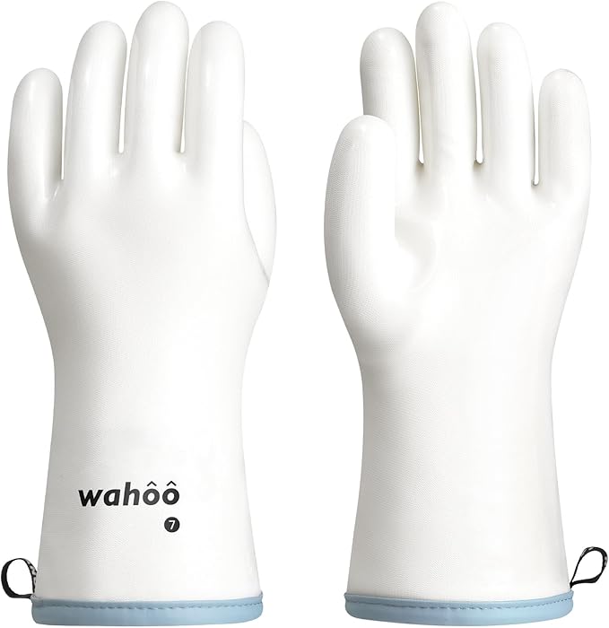 wahoo Professional Liquid Silicone Oven Mitts Gloves, Heat Resistant Gloves for Cooking, Baking, CoralAir Liner, 12 Inch, White, X-Large
