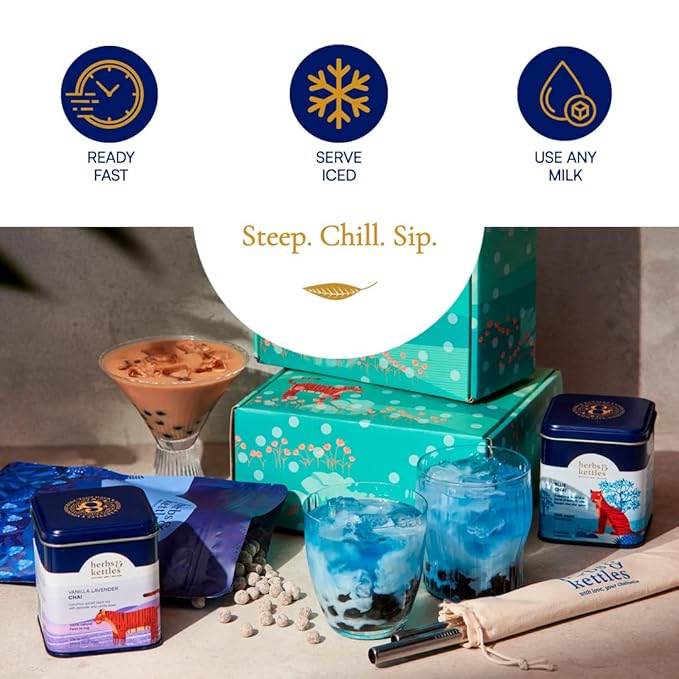 Herbs & Kettles Vanilla Lavender Chai Boba Kit | Assam Black Tea with Real Vanilla Bean, Lavender Flowers & Warming Spices + Chewy Tapioca Pearls | DIY Bubble Tea Kit with Reusable Straws