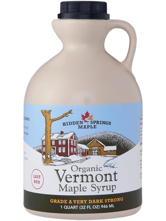 HIDDEN SPRINGS MAPLE 100% Organic Vermont Maple Syrup, Grade A Very Dark Robust, 32 Ounce, 1 Quart, Family Farms, BPA-free Jug