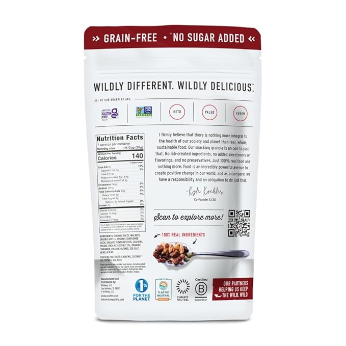 Wildway Keto Granola with Organic Ingredients | Apple Cinnamon | Grain-Free, Gluten-Free Cereal | Vegan, Low Carb & No Sugar Added | Paleo-Friendly, Non-GMO | Nutrient-Rich Fruit & Nut Snack | 8oz