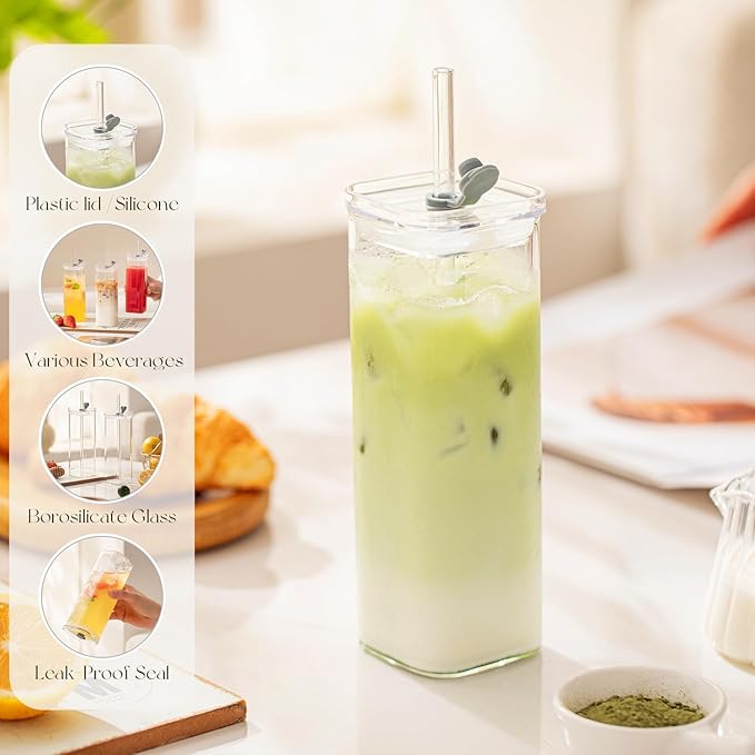 6 Sets Square Drinking Glass Cups, Old Fashioned Glasses, 17 Oz Square Glasses, Clear Highball Modern Glassware Tumbler Mixed Drinkware with Straws for Cocktail Coffee Juice Beer (Square-6PCS)
