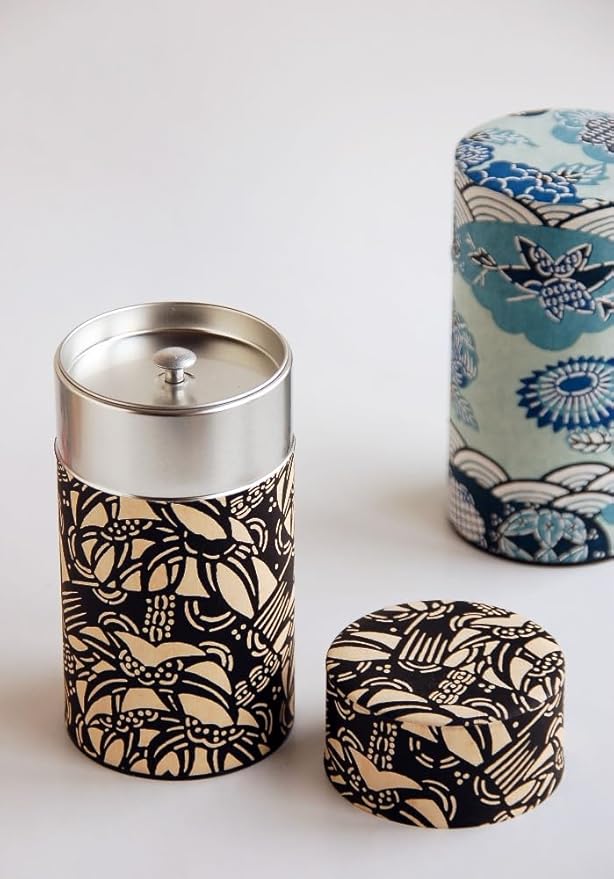 Japanese Pokkan Coffee Spice Tea Tin Canister Washi Paper Storage with Lid 7.05 oz Capacity (Eto)