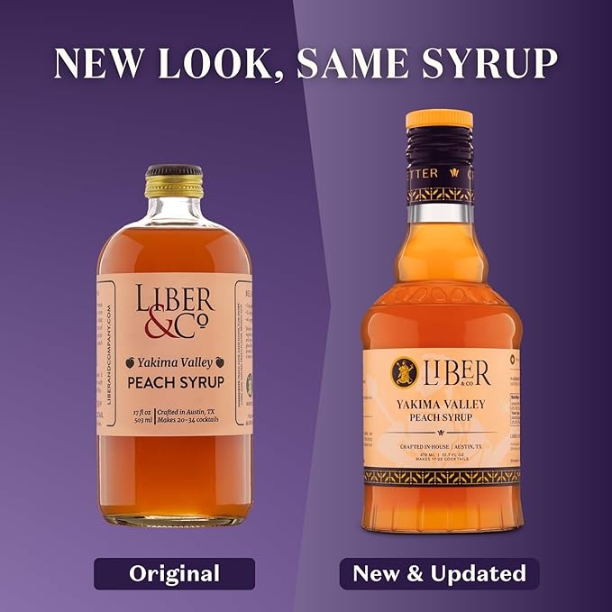 Liber & Co. Peach Syrup - Craft Cocktail Mixer with 60% Peach Juice from Yakima Valley Peaches - Essential for Bellinis, Whiskey Smashes & Bourbon Cocktails - Makes 25 Drinks (12.7 oz)