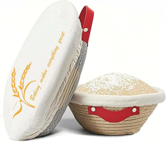 Handmade Cotton Rope Banneton Bread Proofing Basket Set,Oval & Round Bread Baskets - With Liner & Cloth Cover，for Home Sourdough Bakers Baking