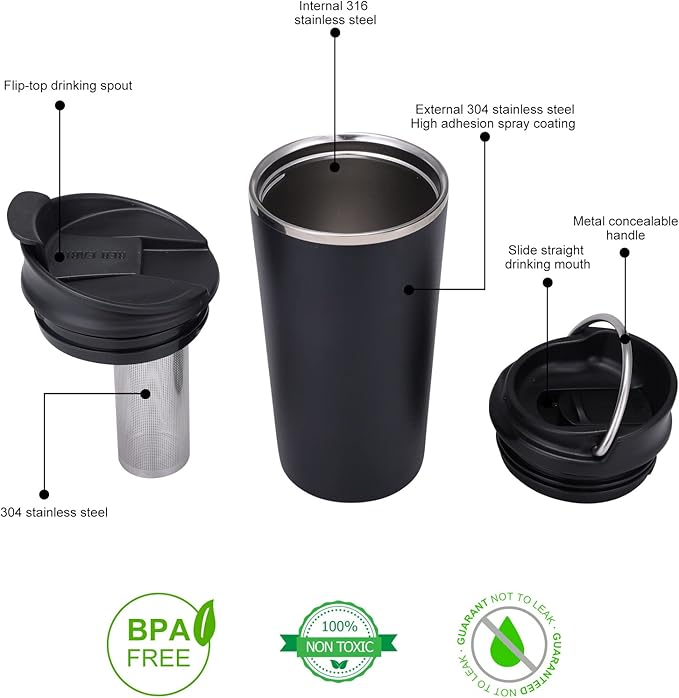 GiNT 17oz Travel Mug with Infuser and Two Lids. Vacuum Insulated 316 Stainless Steel Coffee Mug. Dishwasher Safe Mug with Tea Strainer for Hot and Cold Brew Coffee or Tea(Black)