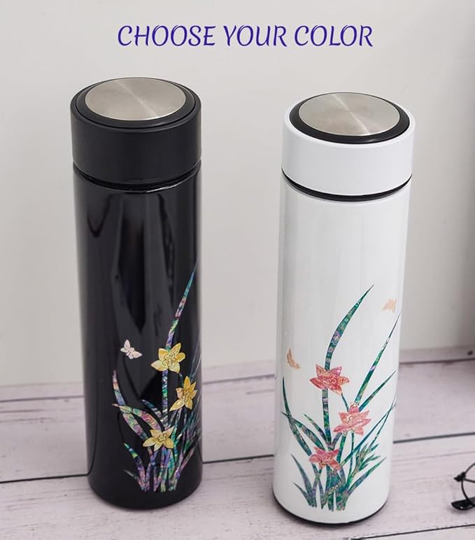 Mother of Pearl Design Stainless Steel Water Bottle with Tea Infuser Strainer 17 oz Leakproof Screw Cap Wide Mouth Double Wall Vacuum Insulated Travel Sport Water Flask Thermo Mug (Orchid White)