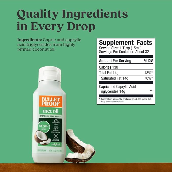 Bulletproof MCT Oil Made with C10 and C8 Oil, 16 Ounces, Keto Supplement for Sustained Energy, Brain and Body Fuel, Add to Coffee and Smoothies, Packaging May Vary