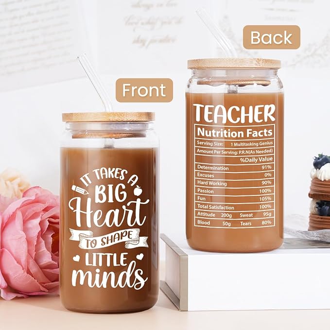 Teacher Gifts for Women - 16 Oz Can Glass Coffee Cup with Straws - Teacher Appreciation Gift for Women on Birthday Back To School