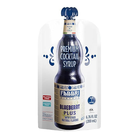 Fabbri Premium Italian Fruit Syrup, Blueberry, Natural Ingredients, Non-GMO, Gluten Free, ideal for Cocktails, Mocktails, Smoothies & Sodas, Made in Italy, squeezable pouch of 6.76 fl oz (200ml)
