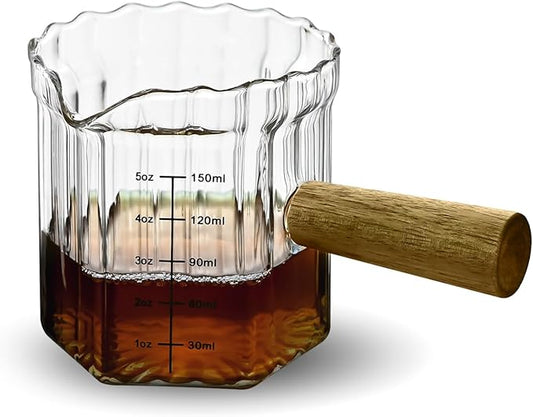 Glass Measuring Cup, 5oz Espresso Shot Glass with Wood Handle, Single Spout Measuring Triple Pitcher Milk Cup for Coffee Tea (Transparent Ribbed)