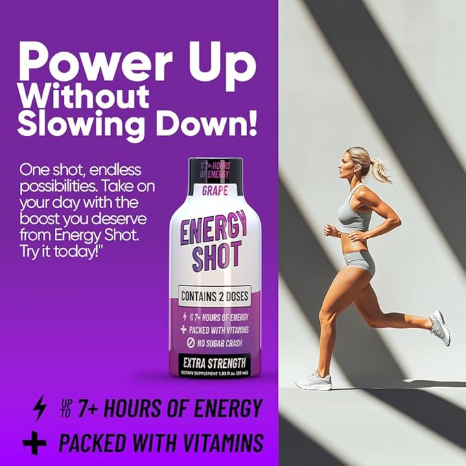 Grape Extra Strength Energy Shot 12 pk – 260mg Natural Caffeine B12 B6 – Energy & Focus Support – 2 Servings Sugar Free Zero Calorie Green Tea B-Vitamins Electrolytes Vegan – 1.93 fl oz