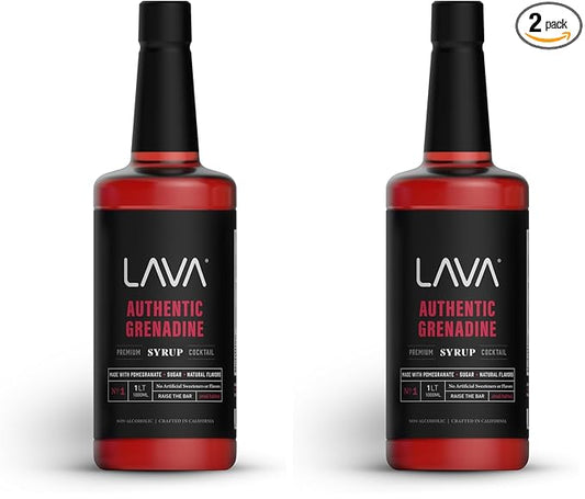 LAVA Premium Grenadine Syrup, Made with Pomegranate Juice, 100% Sugar, 33.8oz (1-Liter), No Artificial Sweeteners, Flavors, or Colors. (2-Pack)