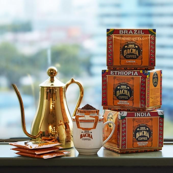Bacha Coffee | Monsoon Secret India Single Origin, Medium Dark Roast, 100% Arabica Specialty Coffee, 12 Coffee Drip Bags, Gift Box
