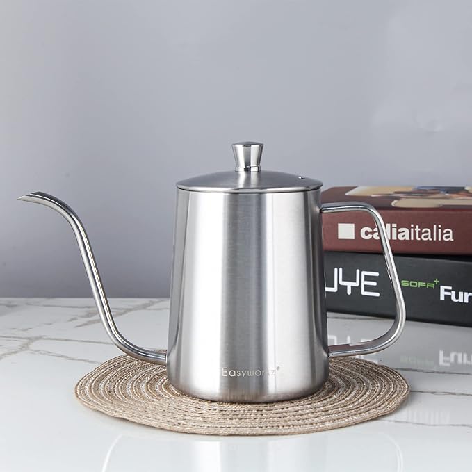 Easyworkz Gage Gooseneck Pour Over Coffee Kettle 12 oz Stainless Steel Hand Drip Long Narrow Spout, Silver