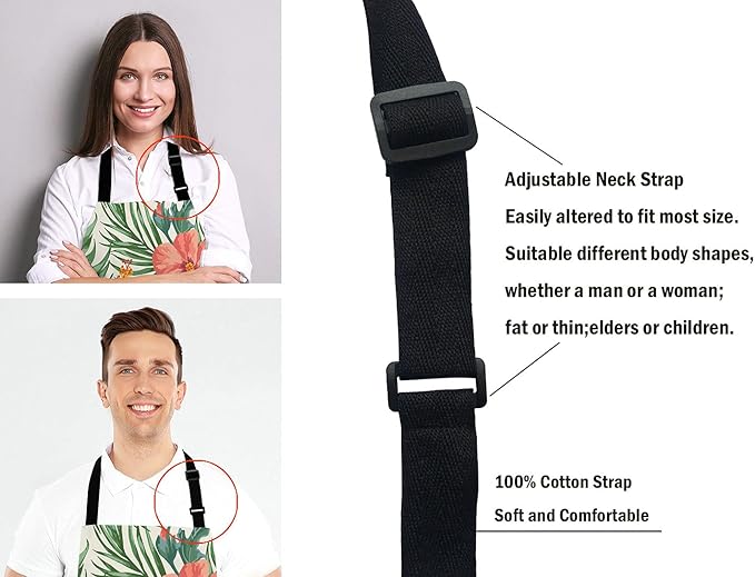 Tropical Leaves and Hawaiian Flower Bib Apron with Adjustable Neck for Men Women,Suitable for Home Kitchen Cooking Waitress Chef Grill Bistro Baking BBQ Cobbler Apron