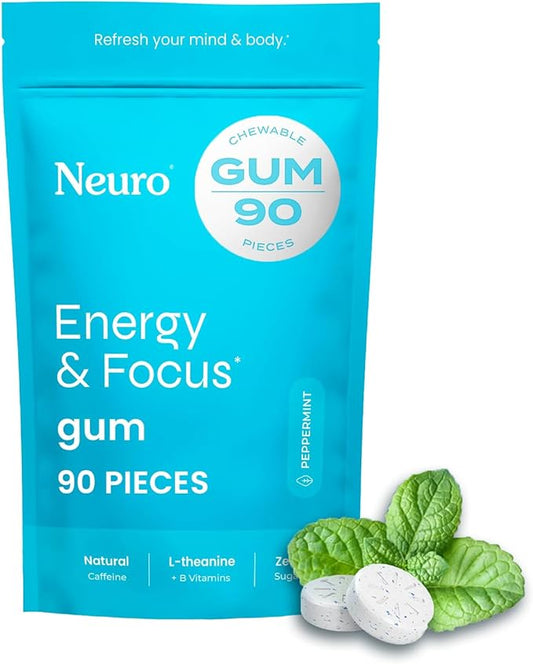 Neuro Energy & Focus Gum - 40mg Natural Caffeine Gum & Nootropic Energy Supplement with L-Theanine & B Vitamins - Sugar Free, Vegan - Peppermint, 90ct