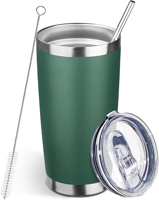 20oz Tumbler Bulk with Lid and Straw, Stainless Steel Double Wall Vacuum Insulated Travel Mug, Powder Coated Coffee Cups for Hot and Cold Drinks,Funny Gifts for Women Men(Dark green,1)