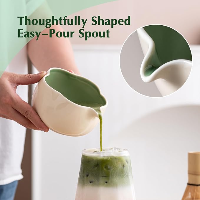 Matcha Set, 8Pcs Floral Ceramic Matcha Set with Matcha Whisk, Holder, Scoop, Scoop Rest, Sifter, Spoon and Tea Towel - Thoughtful Matcha Whisk Set Gift for Matcha Lovers (Beige & Green)