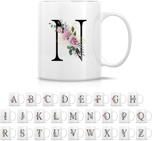 Retreez Initial A-Z Floral Botanical Bouquet Alphabet Monogrammed Monogram Mug 11 Oz Ceramic Tea Coffee Mugs - Appreciation Thank You Wedding Birthday Gifts for her friend coworker sister - N Initial
