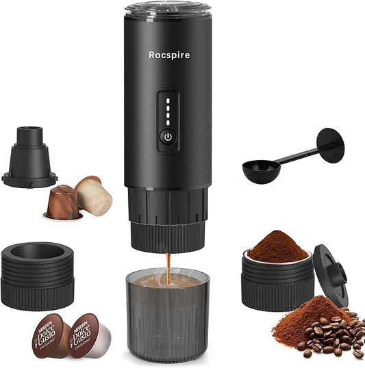 Stainless Steel Portable Espresso Maker | 7500mAh Rechargeable Battery | 20 Bar Self-Heating with USB-C | Works with Most Capsules Compatible for Camping, Travel, Outdoor (Black)