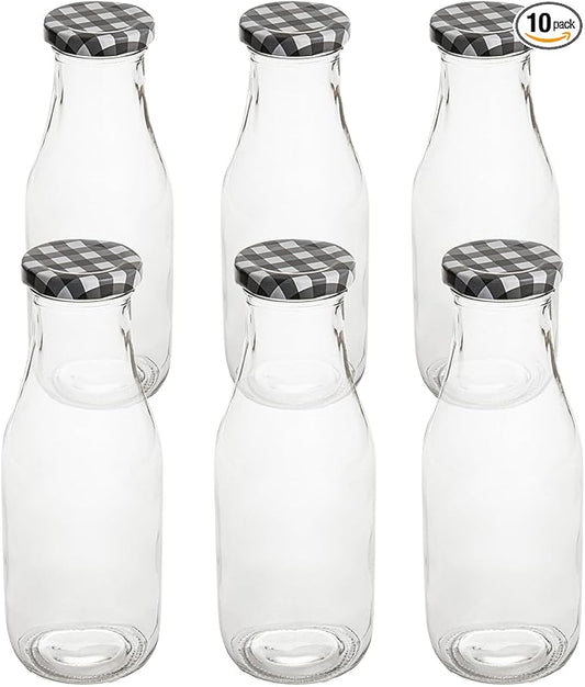 Restaurantware French Countryside 15 Ounce Glass Bottles 10 Durable Juice Bottles - With Black Plaid Lid Dishwashable Clear Glass Countryside Bottles For Hot And Cold Beverages