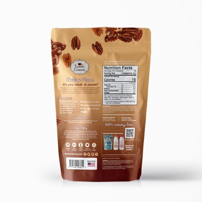 Leaner Creamer Non-Dairy Sugar Free Coffee Creamer Powder. Perfect Coconut Oil Non-Dairy Powder To Naturally Cream and Sweeten Coffee, Smoothies, Protein Shakes & More! Ideal Flavoring For All Diets (Buttery Pecan Pouch (9.87 oz))