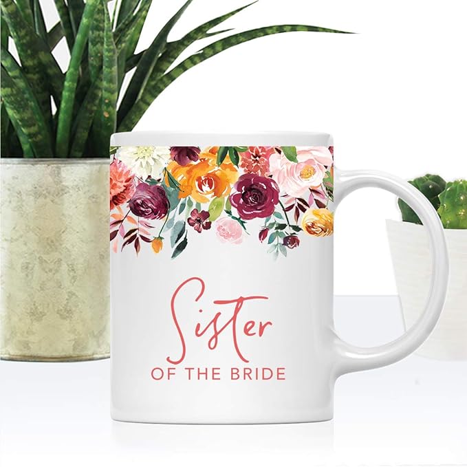 Andaz Press 11oz. Wedding Ceramic Coffee Tea Mug Gift, Fall Autumn Burgundy Orange Peach Flowers Roses Florals, Sister of the Bride, 1-Pack, Includes Gift Box