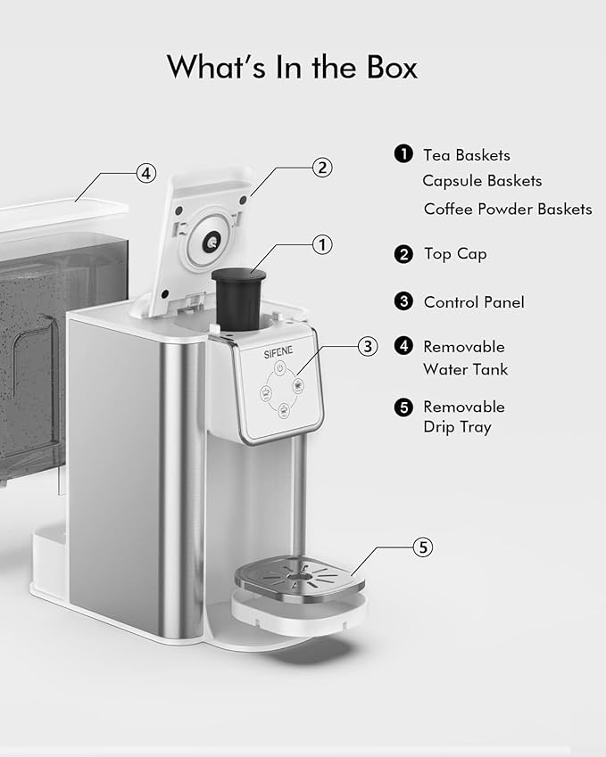 SIFENE single serve brewer 3-in-1 coffee machine for coffee pods ground loose tea 6 to 10oz brew sizes 50oz removable tank 1150w compact efficient white