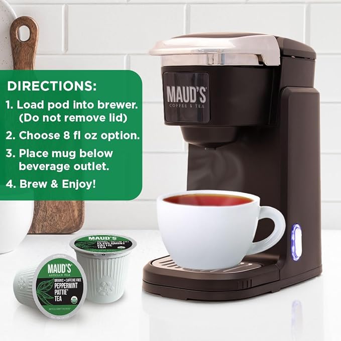 Maud's Organic Peppermint Tea Pods, 24 ct, Recyclable Single Serve Pods – 100% Gourmet Blended Tea Leaves, Compatible with Keurig K Cups Maker