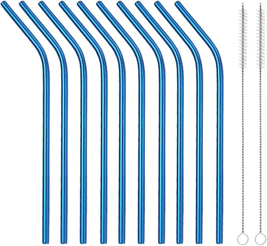 10 Pcs Stainless Steel Straws, Reusable Drinking Straws, Bent Metal Straw Sets with 2 Pcs Cleaning Brushes (Blue, 8.5 Inch)
